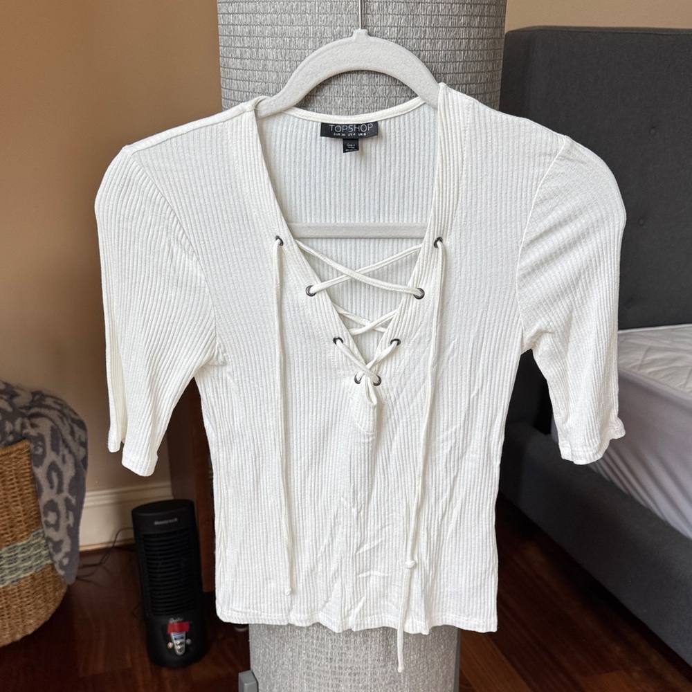 Topshop Ivory Lace-Up Ribbed Blouse